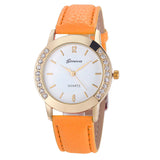 Flower Printed Diamond Crystal Analog Quartz Wristwatch Rhinestone Lady Dress Leather