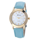 Flower Printed Diamond Crystal Analog Quartz Wristwatch Rhinestone Lady Dress Leather