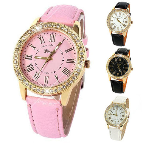 Golden Rhinestone Geneva Roman Numerals Dial Analog Quartz Wrist Watch