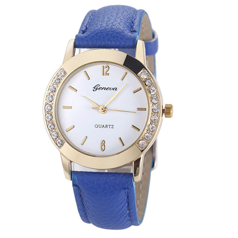 Flower Printed Diamond Crystal Analog Quartz Wristwatch Rhinestone Lady Dress Leather