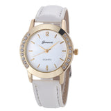 Flower Printed Diamond Crystal Analog Quartz Wristwatch Rhinestone Lady Dress Leather
