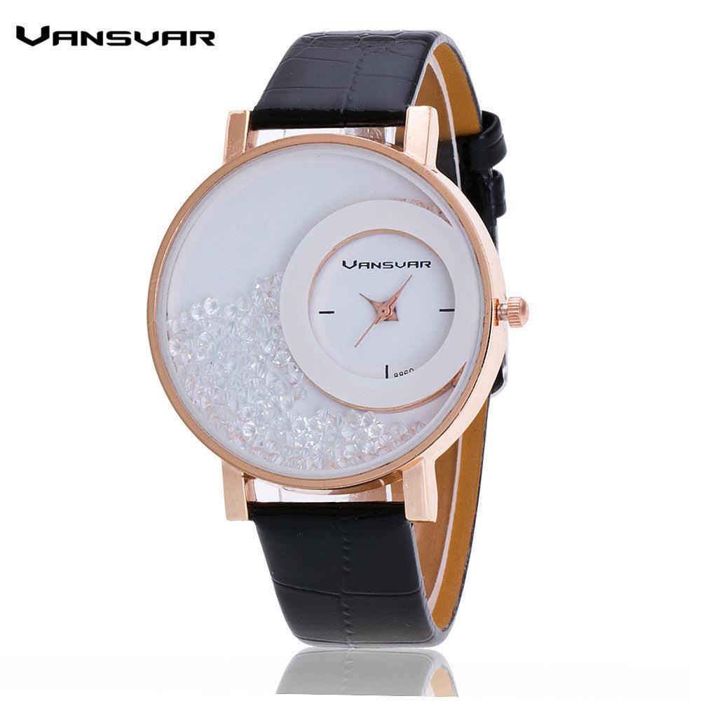 Leather Strap Rhinestone Wrist Dress Watch