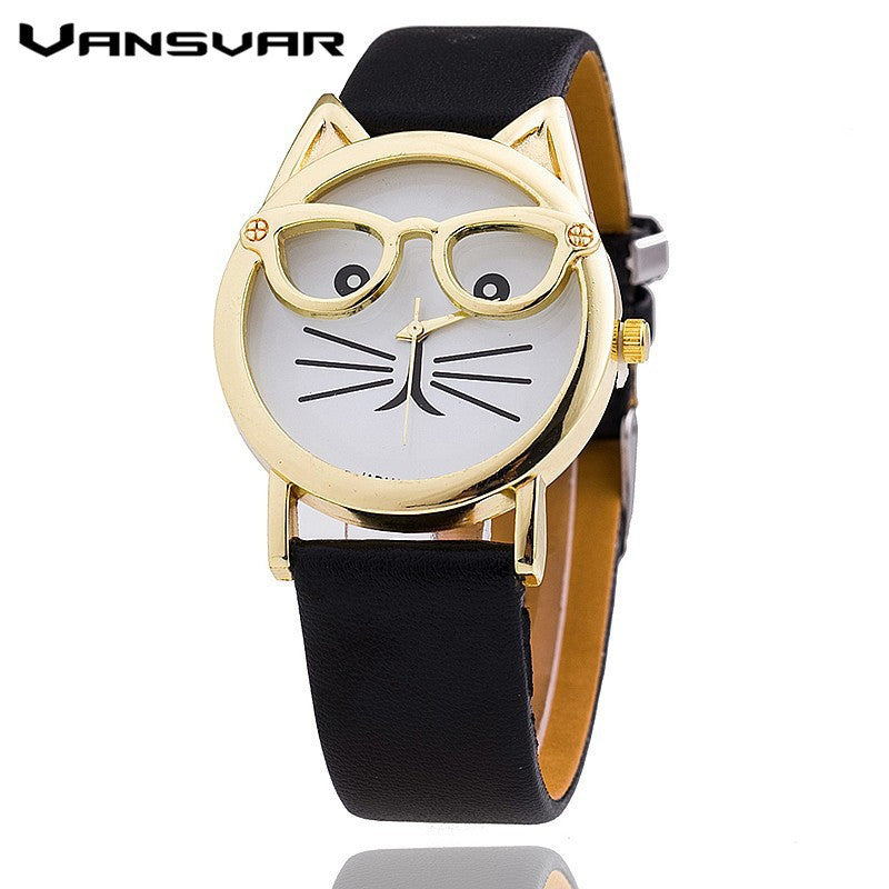 Glasses Cat Leather Strap Wrist Quartz Watches