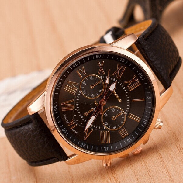 Rose Gold Roman Numerals Leather Quartz Casual Business Wristwatch Clock