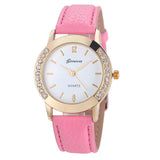 Flower Printed Diamond Crystal Analog Quartz Wristwatch Rhinestone Lady Dress Leather