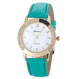 Flower Printed Diamond Crystal Analog Quartz Wristwatch Rhinestone Lady Dress Leather